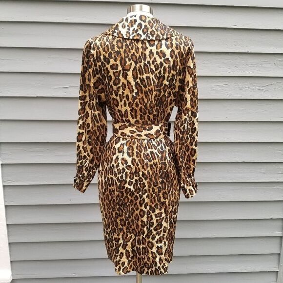 Vintage 80s Retro Pin Up Girl Animal Print Leopard Silk Midi Pencil Dress 4 - Picture 3 of 11